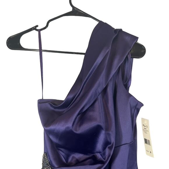 Eliza J Purple Satin One Shoulder Rhinestone Waist Cocktail Dress Women Sz 8 - Picture 3 of 11